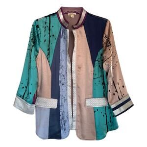 Lemon Grass Wearable Art Patchwork Jacket Silky Blazer Blue Purple Ladies S
